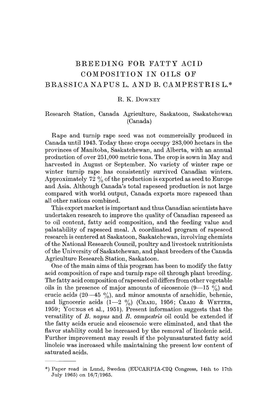 Breeding for fatty acid composition in oils of brassica napus L. and B. campestris L. by Unknown