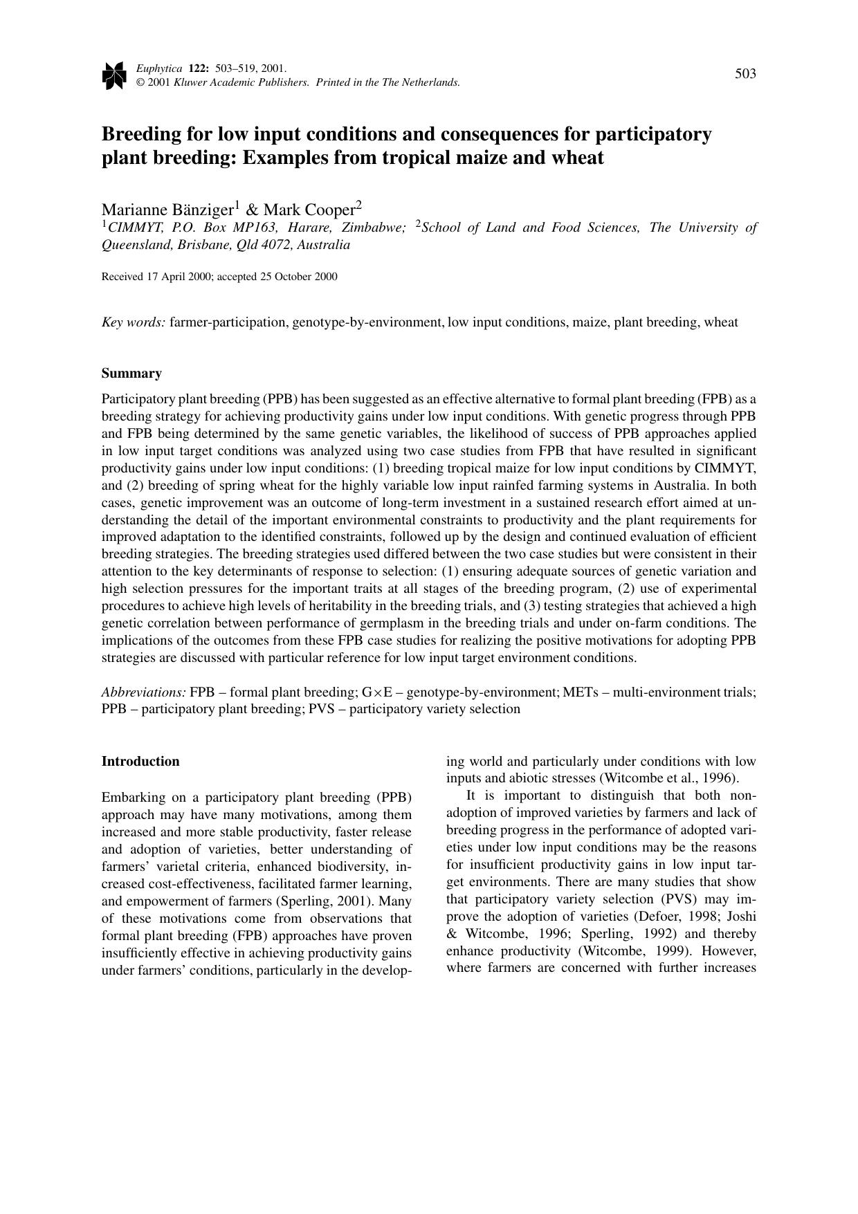 Breeding for low input conditions and consequences for participatory plant breeding examples from tropical maize and wheat by Unknown