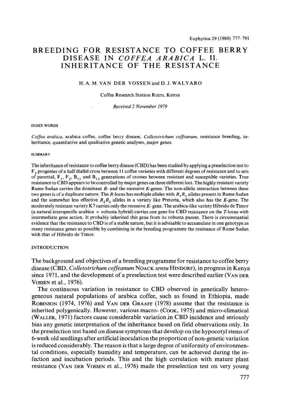 Breeding for resistance to coffee berry disease in <Emphasis Type="Italic">Coffea arabica <Emphasis> L. II. Inheritance of the resistance by Unknown