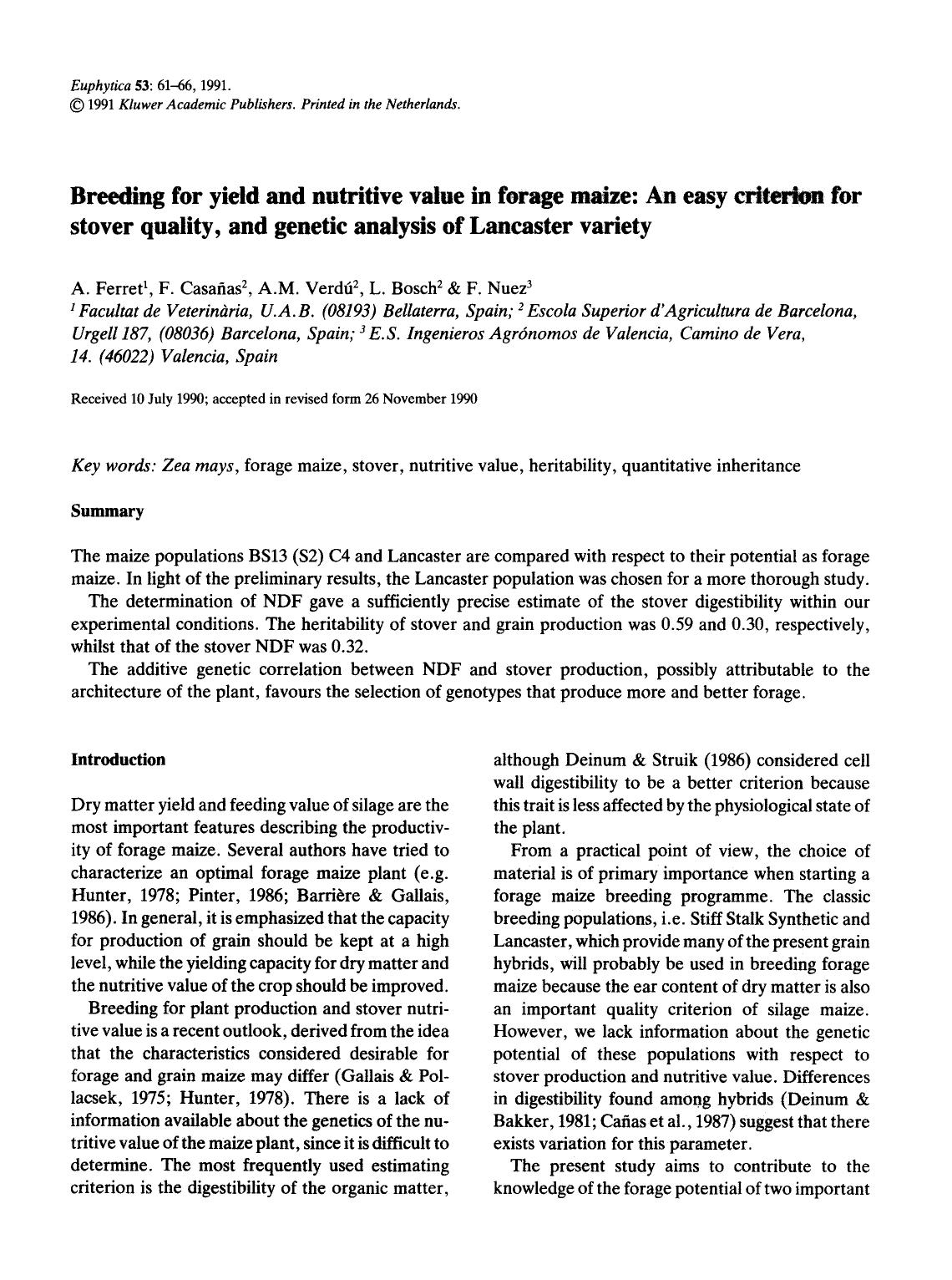Breeding for yield and nutritive value in forage maize: An easy criterion for stover quality, and genetic analysis of Lancaster variety by Unknown
