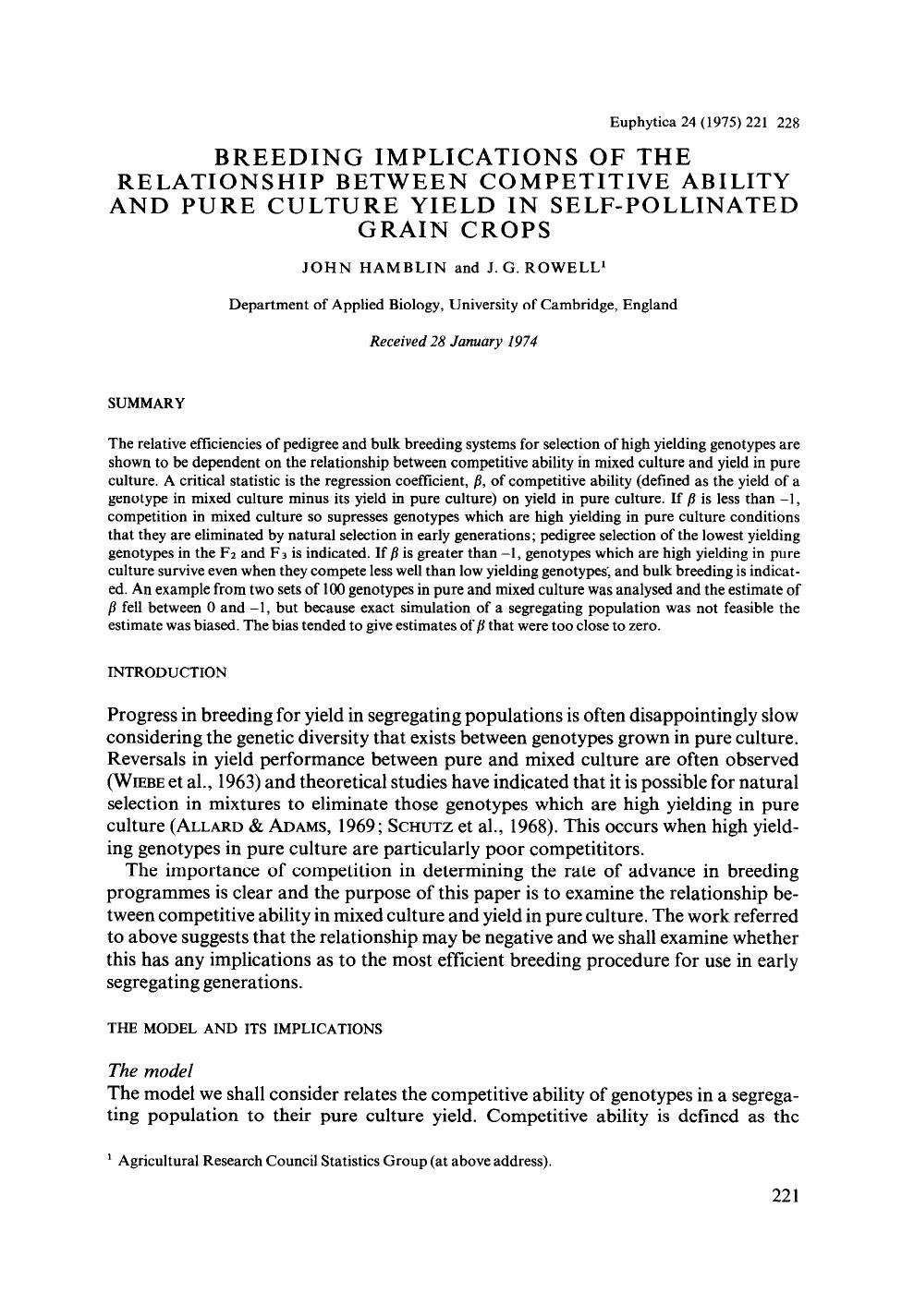 Breeding implications of the relationship between competitive ability and pure culture yield in self-pollinated grain crops by Unknown