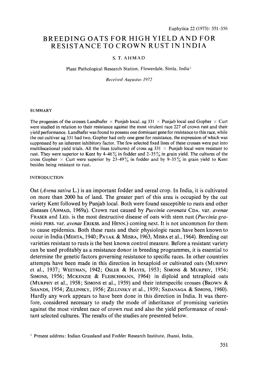 Breeding oats for high yield and for resistance to crown rust in India by Unknown