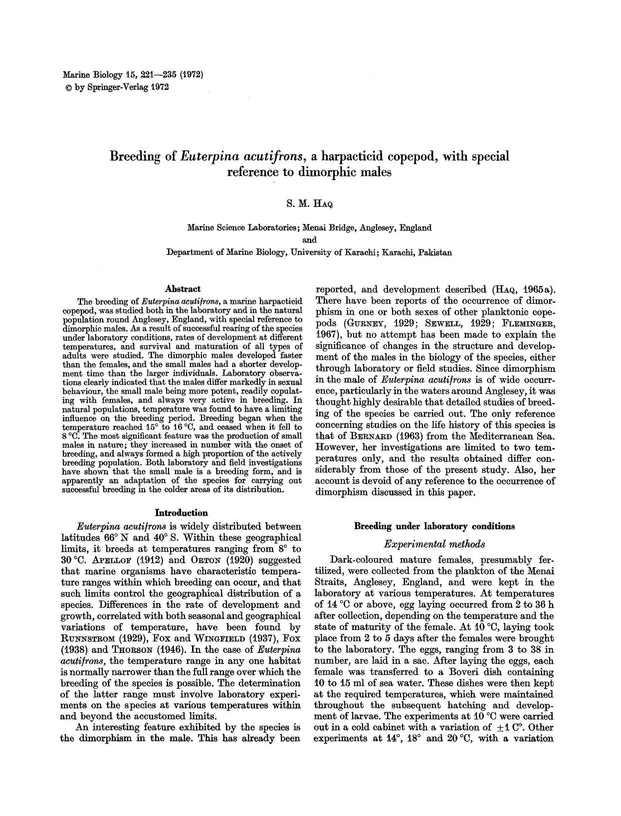 Breeding of <Emphasis Type="Italic">Euterpina acutifrons<Emphasis>, a harpacticid copepod, with special reference to dimorphic males by Unknown
