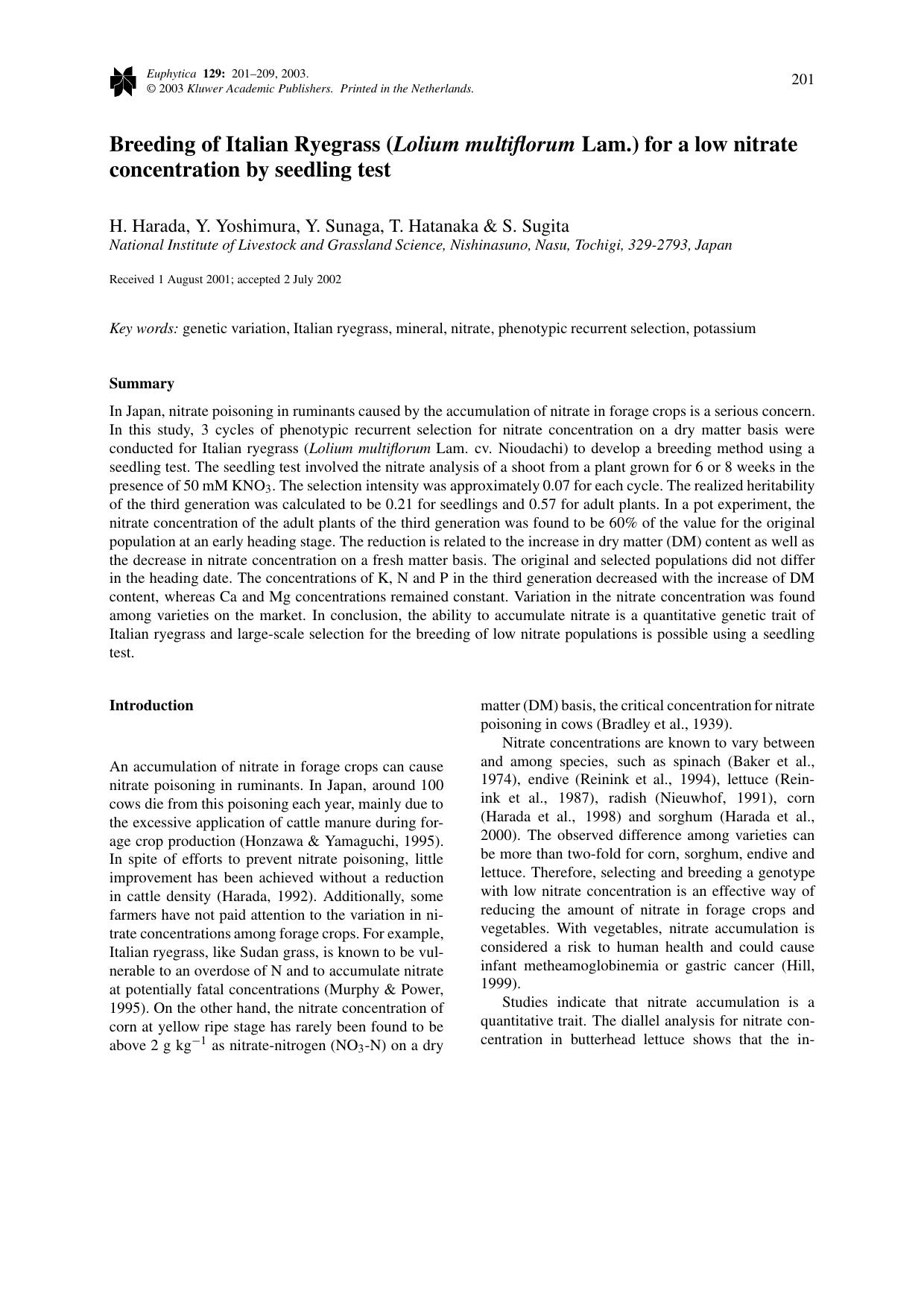 Breeding of Italian Ryegrass (<Emphasis Type="Italic">Lolium multiflorum<Emphasis> Lam.) for a low nitrate concentration by seedling test by Unknown