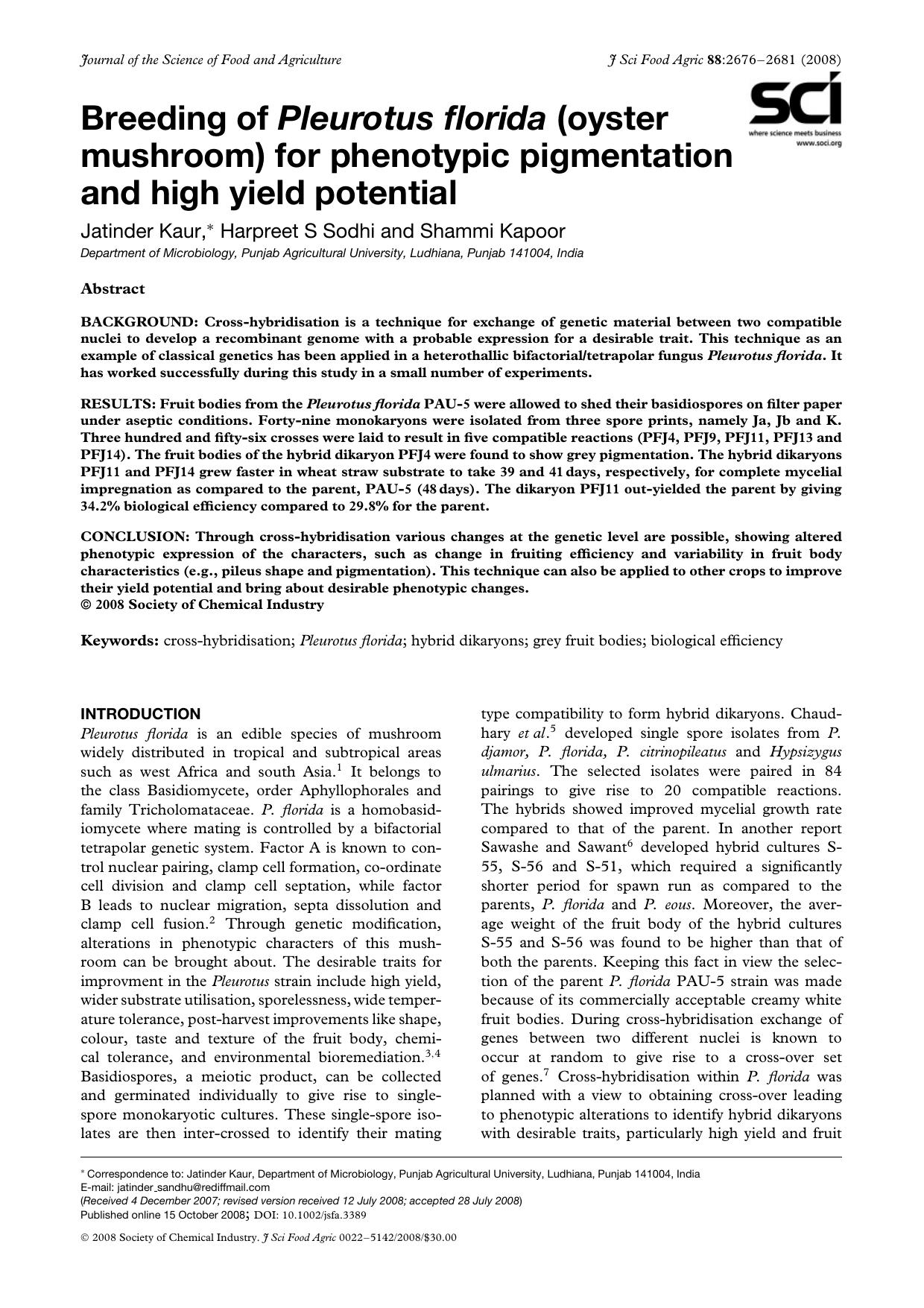 Breeding of Pleurotus florida (oyster mushroom) for phenotypic pigmentation and high yield potential by Unknown
