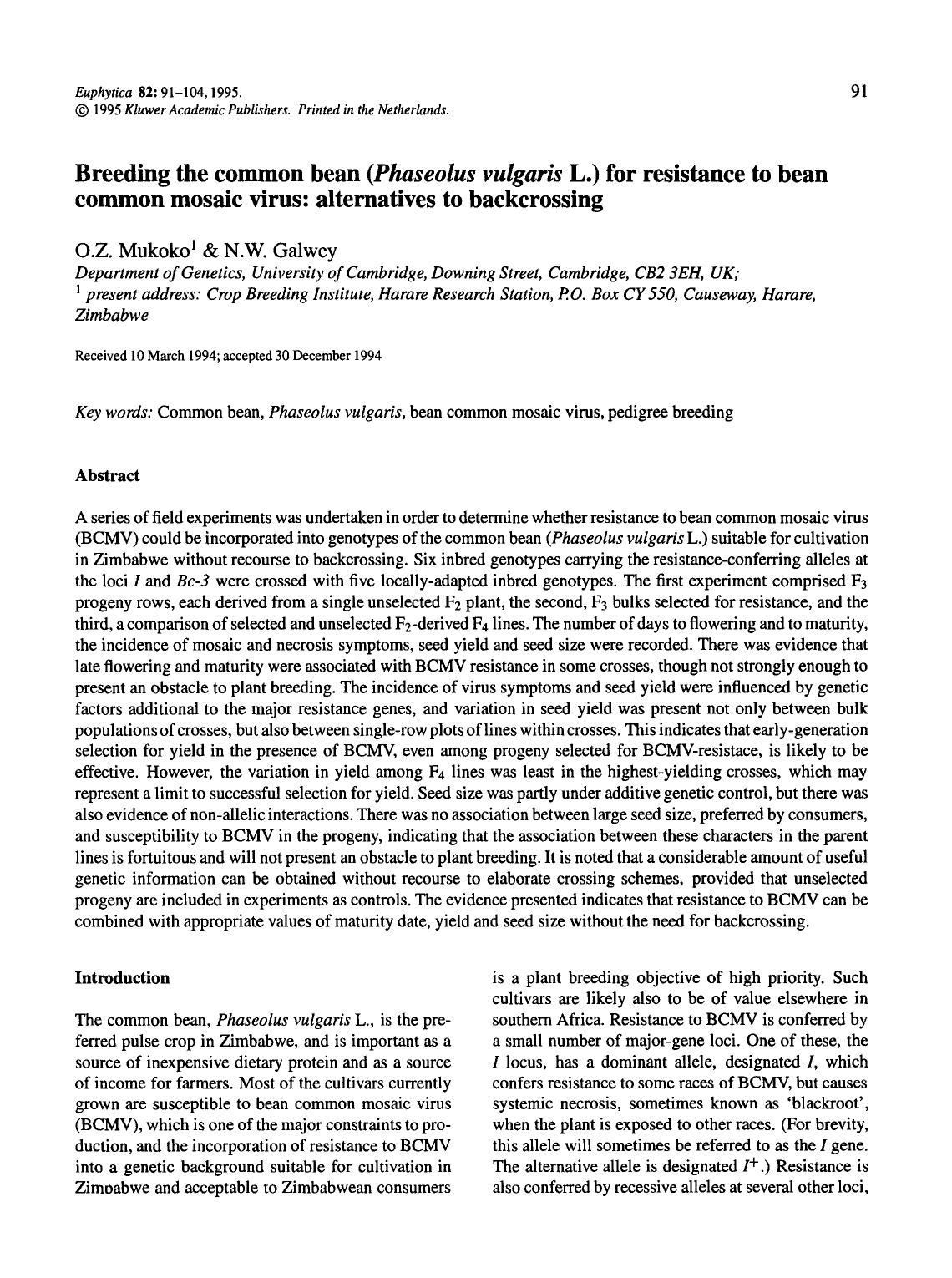 Breeding the common bean ( <Emphasis Type="Italic">Phaseolus vulgaris <Emphasis> L.) for resistance to bean common mosaic virus: alternatives to backcrossing by Unknown