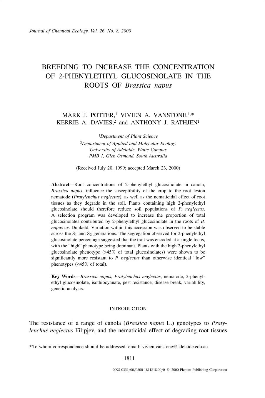 Breeding to Increase the Concentration of 2-phenylethyl Glucosinolate in the Roots of Brassica napus by Unknown