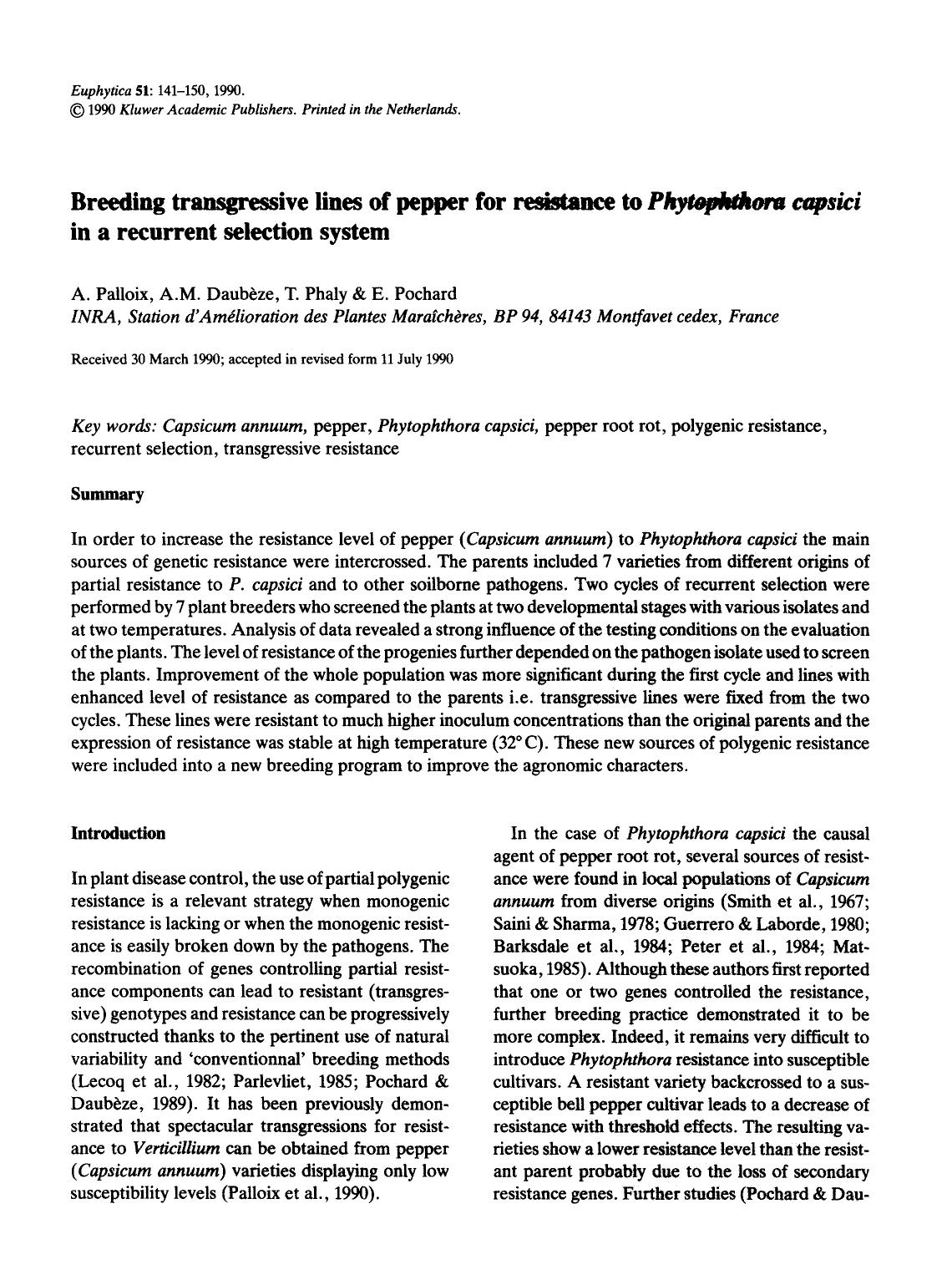 Breeding transgressive lines of pepper for resistance to <Emphasis Type="Italic">Phytophthora capsici <Emphasis> in a recurrent selection system by Unknown
