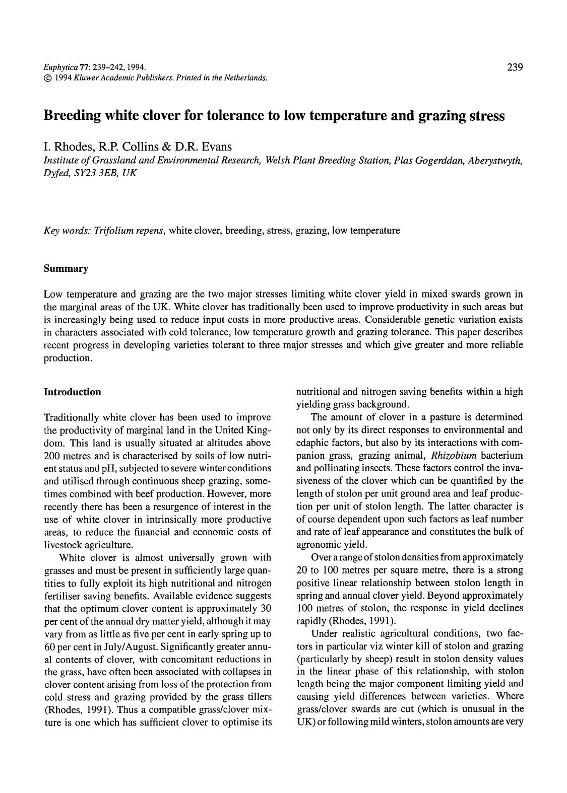 Breeding white clover for tolerance to low temperature and grazing stress by Unknown