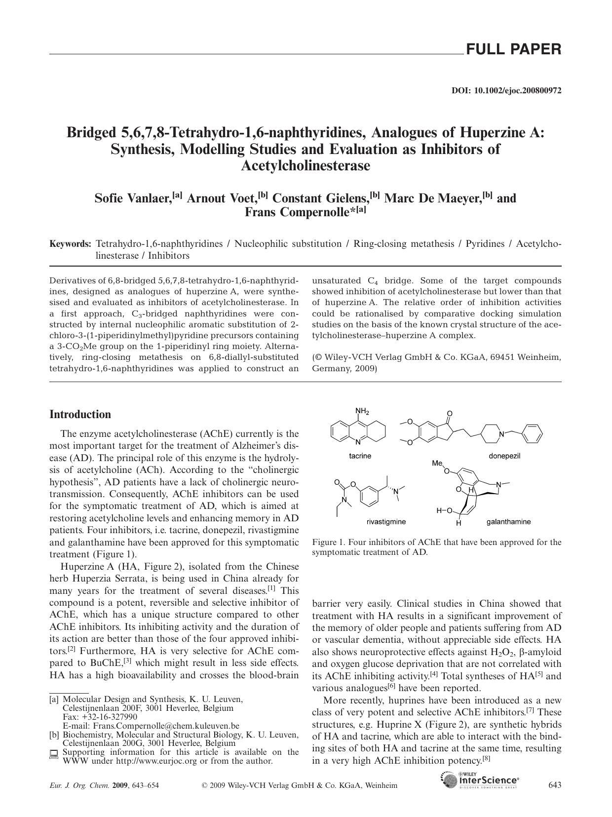Bridged 5,6,7,8-Tetrahydro-1,6-naphthyridines, Analogues of Huperzine A: Synthesis, Modelling Studies and Evaluation as Inhibitors of Acetylcholinesterase by Unknown