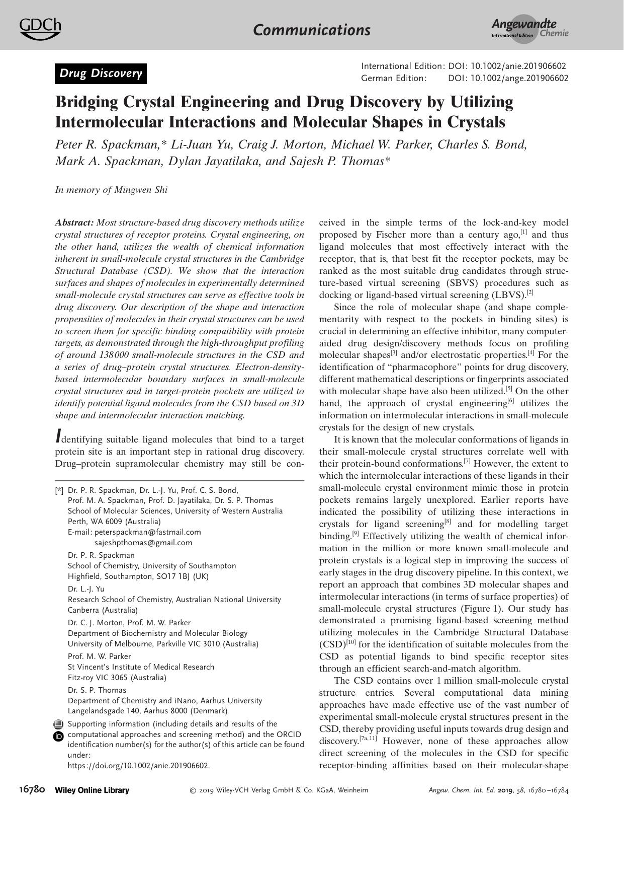 Bridging Crystal Engineering and Drug Discovery by Utilizing Intermolecular Interactions and Molecular Shapes in Crystals by Unknown