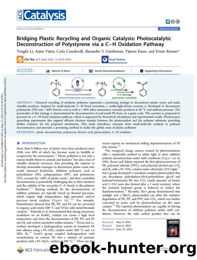 Bridging Plastic Recycling and Organic Catalysis: Photocatalytic Deconstruction of Polystyrene via a CâH Oxidation Pathway by Tengfei Li Arjun Vijeta Carla Casadevall Alexander S. Gentleman Tijmen Euser & Erwin Reisner