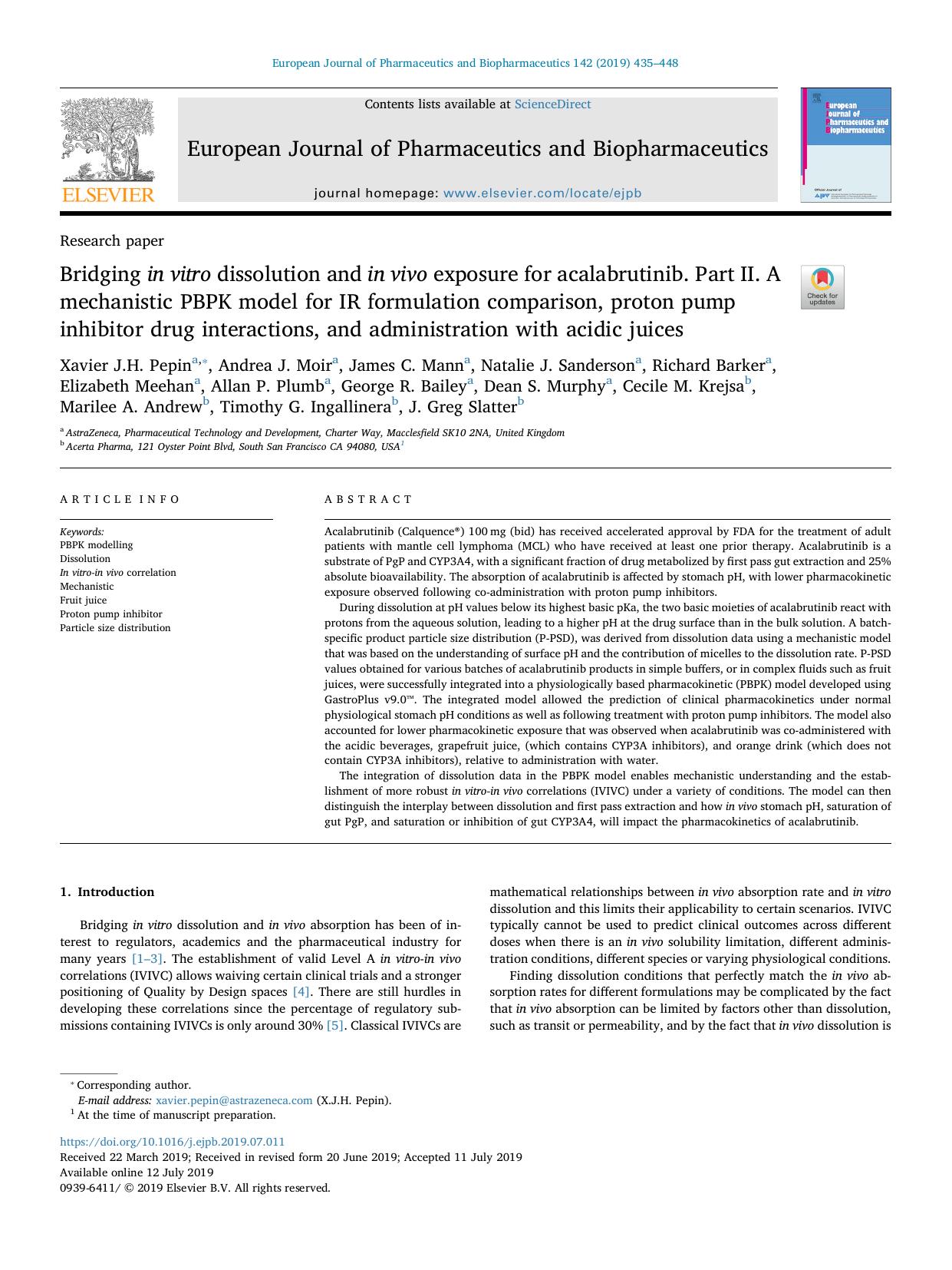 Bridging in vitro dissolution and in vivo exposure for acalabrutinib. Part II. A mechanistic PBPK model for IR formulation comparison, proton pump inhibitor drug interactions, and  by Xavier J.H. Pepin