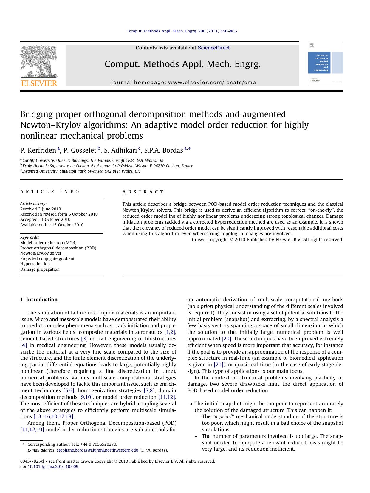 Bridging proper orthogonal decomposition methods and augmented NewtonÃ¢â¬âKrylov algorithms: An adaptive model order reduction for highly nonlinear mechanical problems by P. Kerfriden & P. Gosselet & S. Adhikari & S.P.A. Bordas