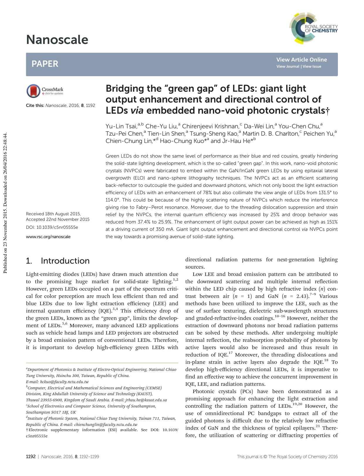 Bridging the âgreen gapâ of LEDs: giant light output enhancement and directional control of LEDs via embedded nano-void photonic crystals by unknow