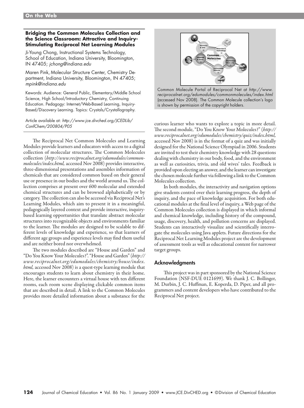 Bridging the Common Molecules Collection and the Science Classroom: Attractive and Inquiry-Stimulating Reciprocal Net Learning Modules by Ji-Young Chong and Maren Pink