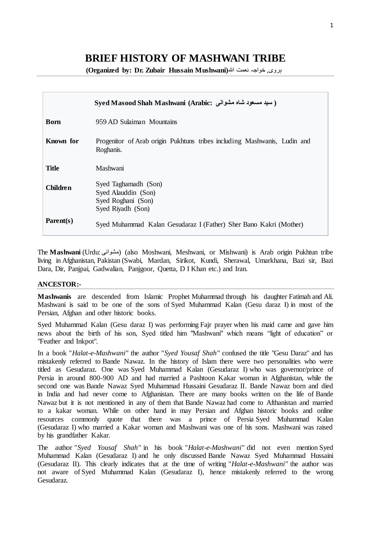 Brief History of Mashwani Tribe by یروى خو اجه نعمت ﷲ (Organized by