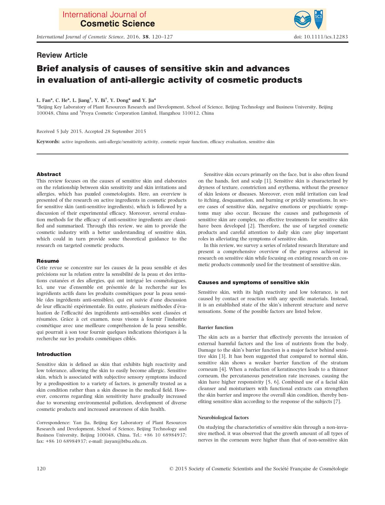 Brief analysis of causes of sensitive skin and advances in evaluation of anti‐allergic activity of cosmetic products by Unknown