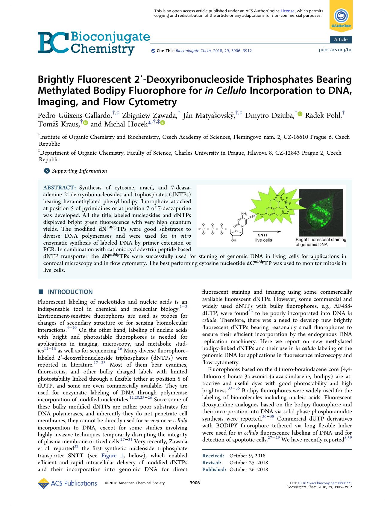 Brightly Fluorescent 2â²-Deoxyribonucleoside Triphosphates Bearing Methylated Bodipy Fluorophore for in Cellulo Incorporation to DNA, Imaging, and Flow Cytometry by unknow