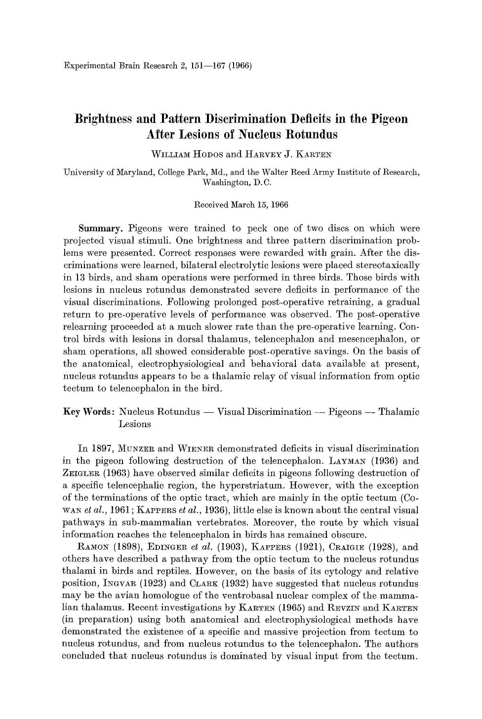 Brightness and pattern discrimination deficits in the pigeon after lesions of nucleus rotundus by Unknown