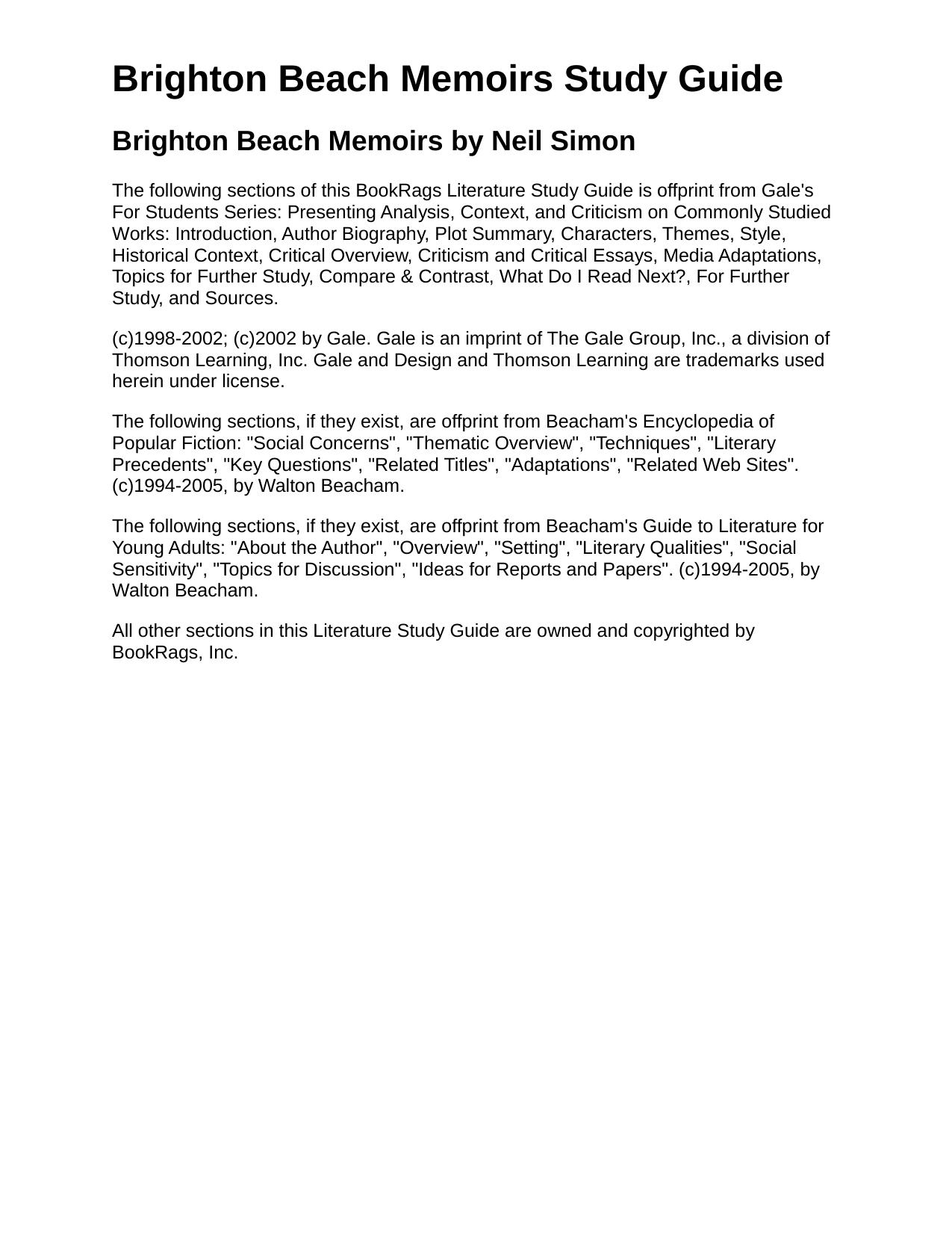 Brighton Beach Memoirs Study Guide by BookRags