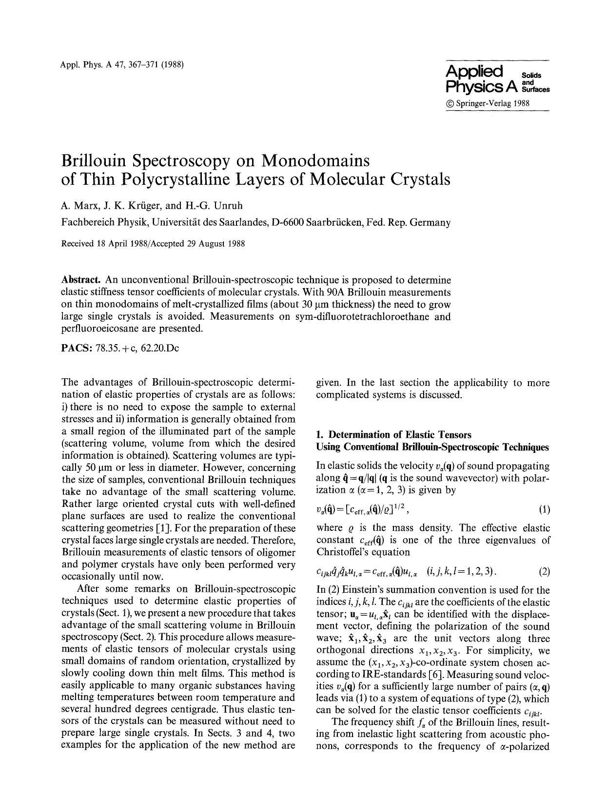 Brillouin spectroscopy on monodomains of thin polycrystalline layers of molecular crystals by Unknown
