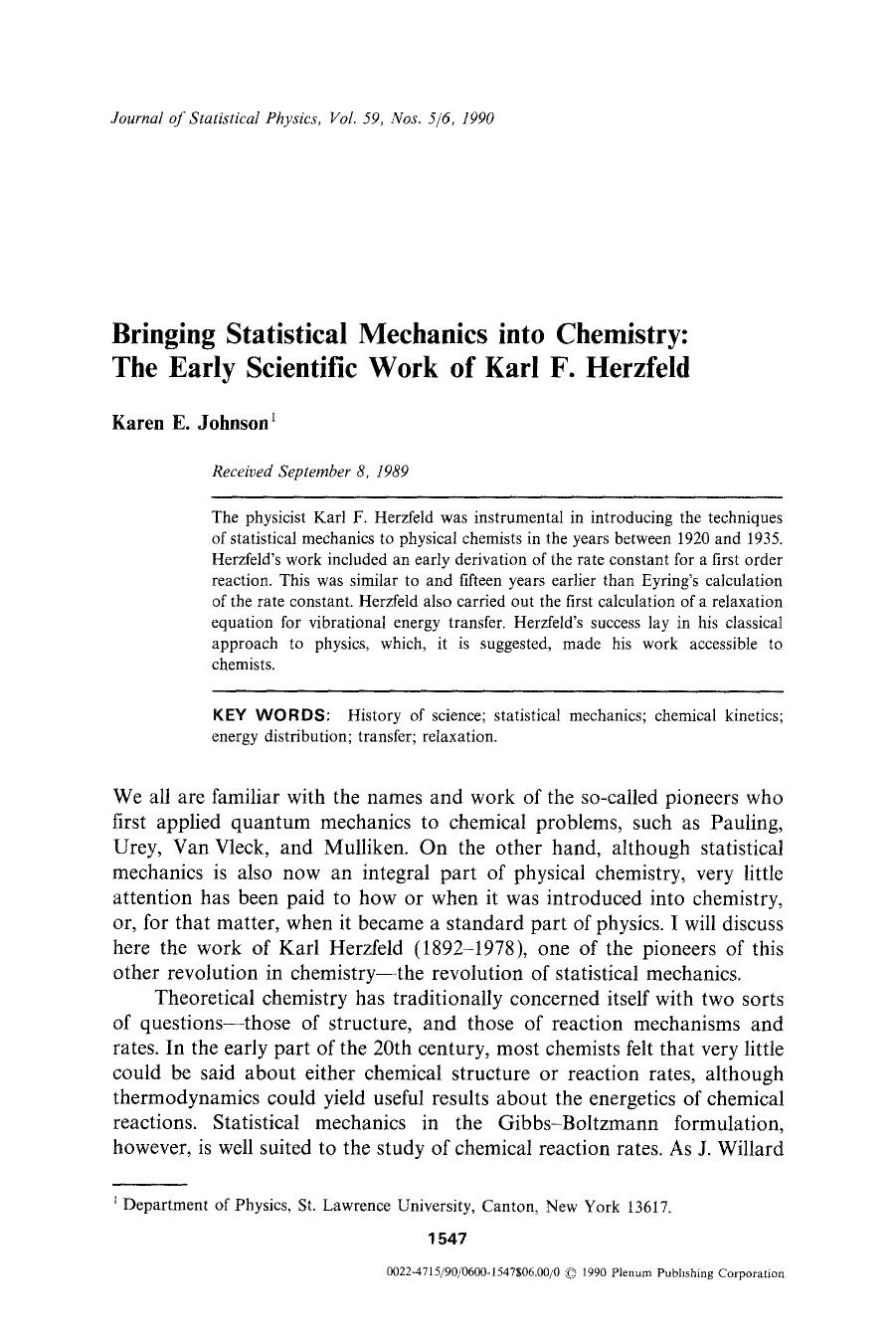 Bringing statistical mechanics into chemistry: The early scientific work of Karl F. Herzfeld by Unknown