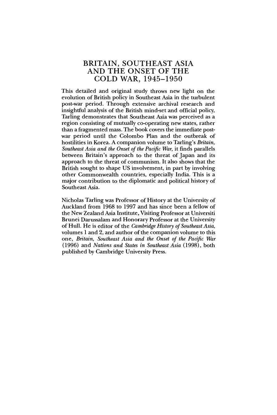 Britain, Southeast Asia and the Onset of the Cold War, 1945-1950 by Nicholas Tarling