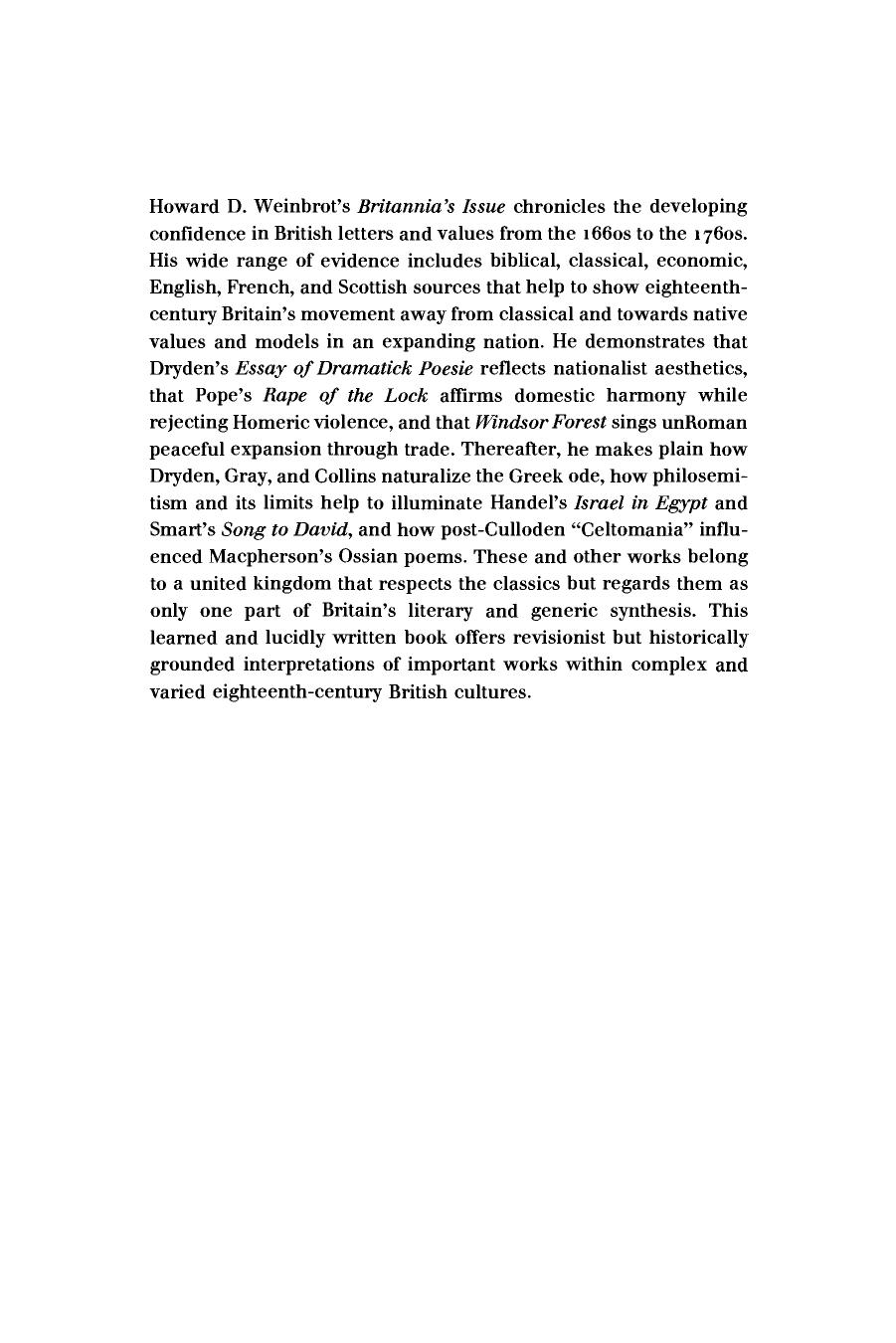 Britannia's Issue: The Rise of British Literature from Dryden to Ossian by Weinbrot Howard D