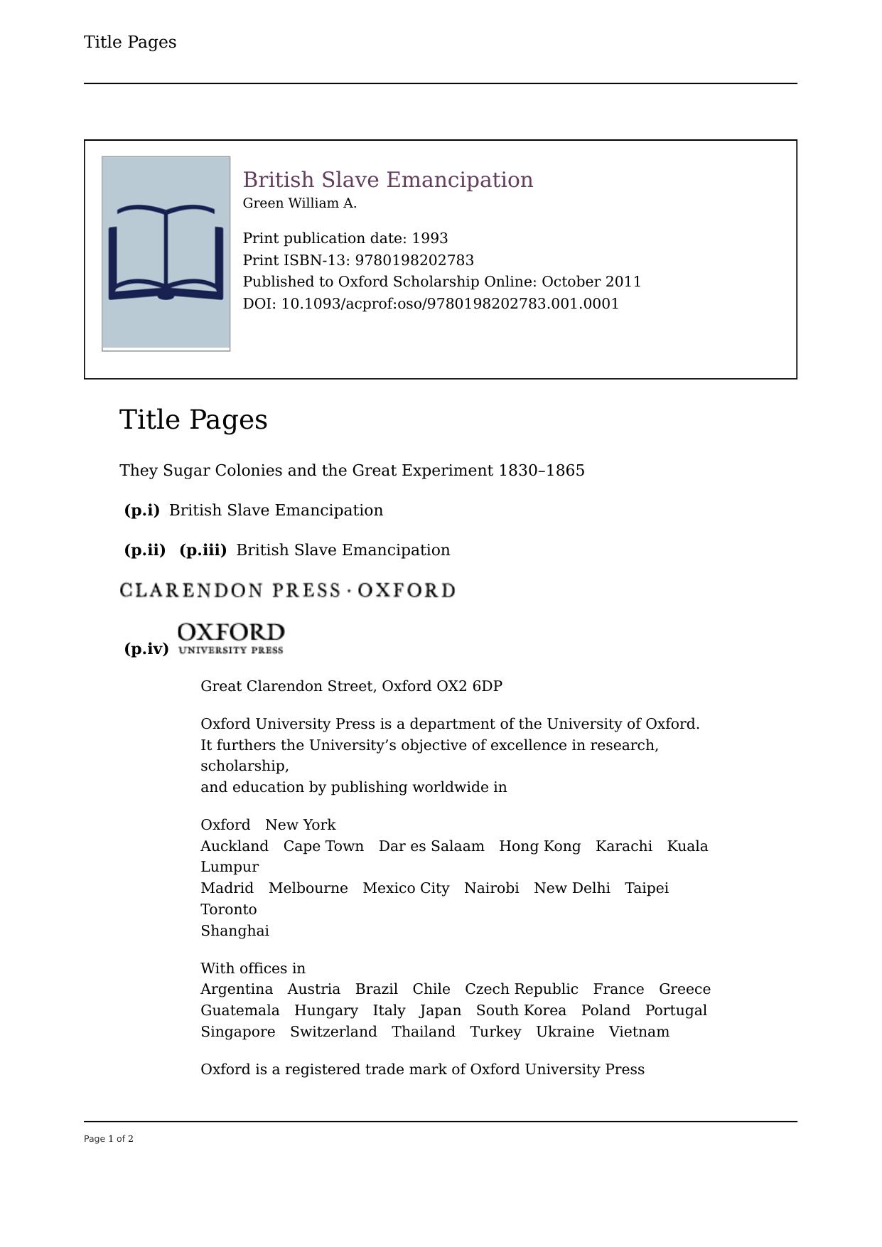 British Slave Emancipation: The Sugar Colonies and the Great Experiment, 1830-1865 (Clarendon Paperbacks) by William A. Green