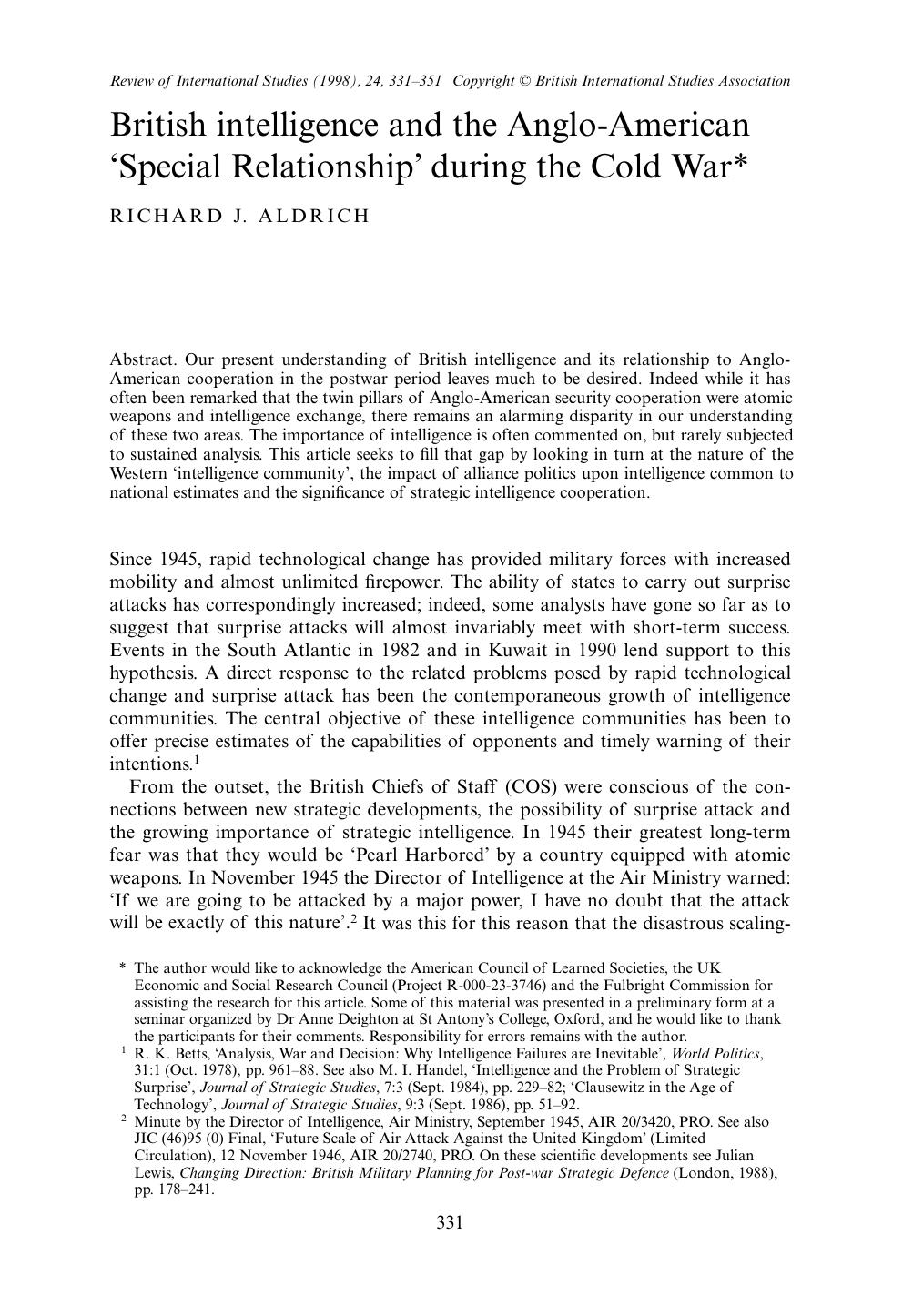 British intelligence and the Anglo-American 'Special Relations' during the Cold War by Aldrich Richard J