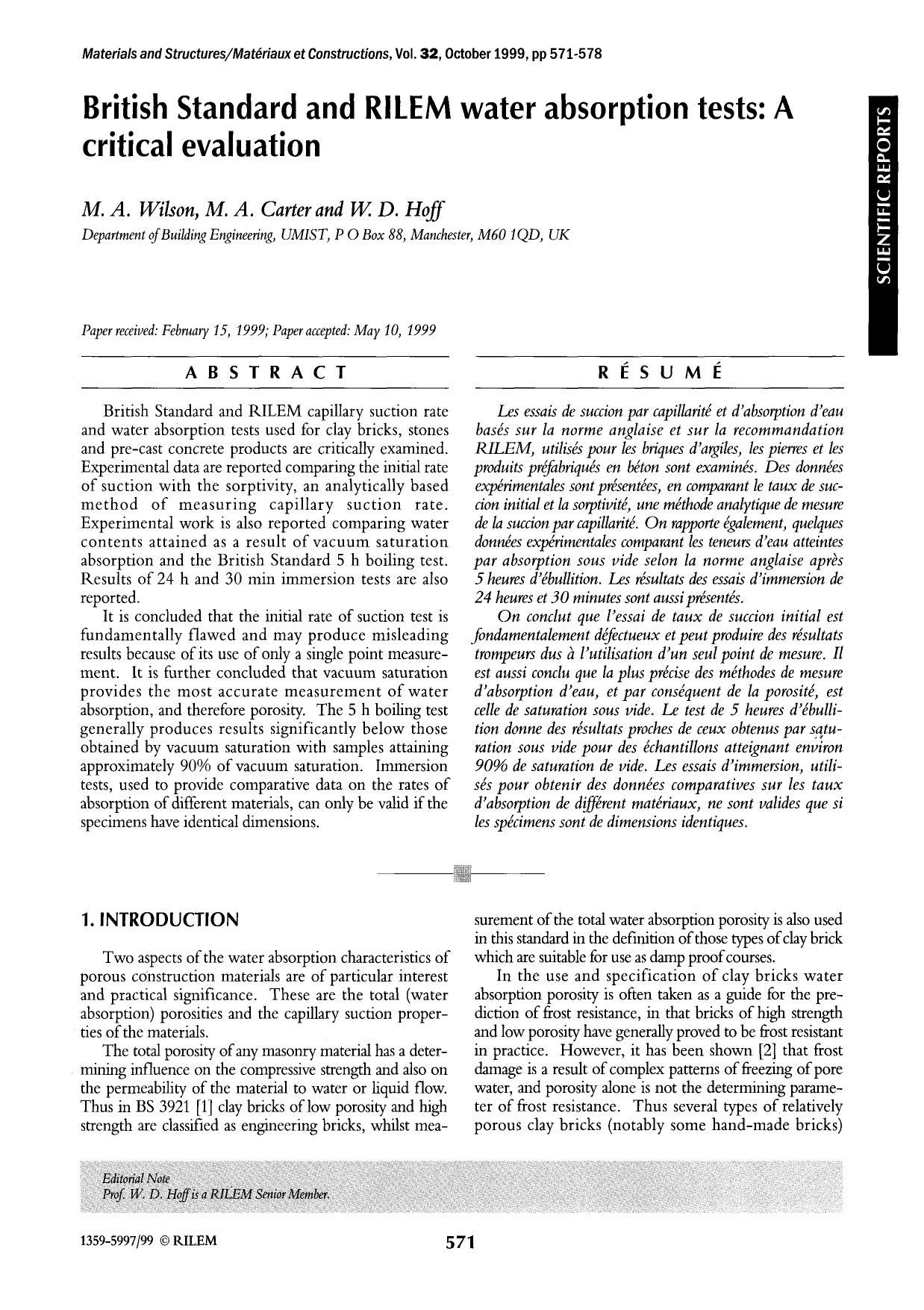 British standard and RILEM water absorption tests: A critical evaluation by Unknown