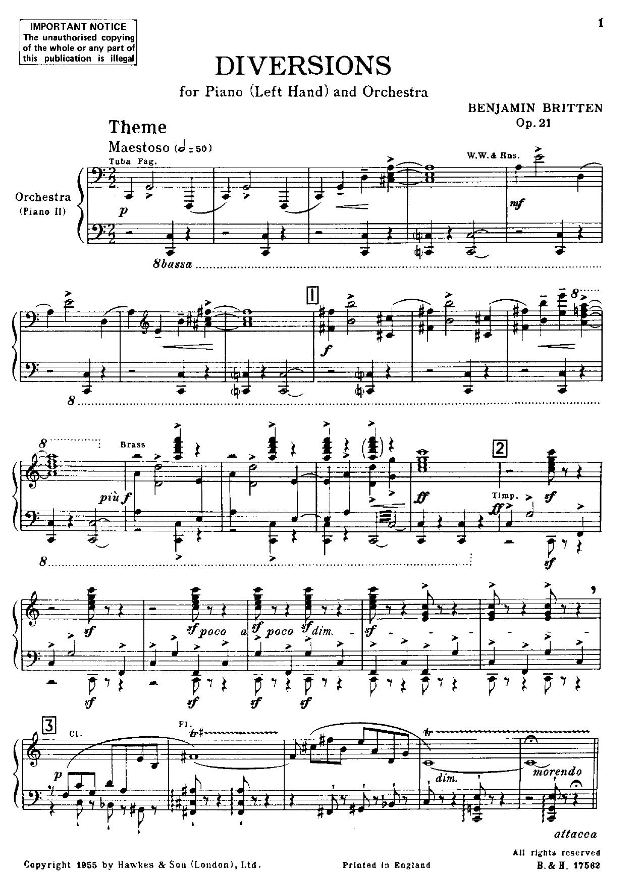 Britten Diversions for Piano left hand and Orchestra op21 (Two Piano Score) by Unknown