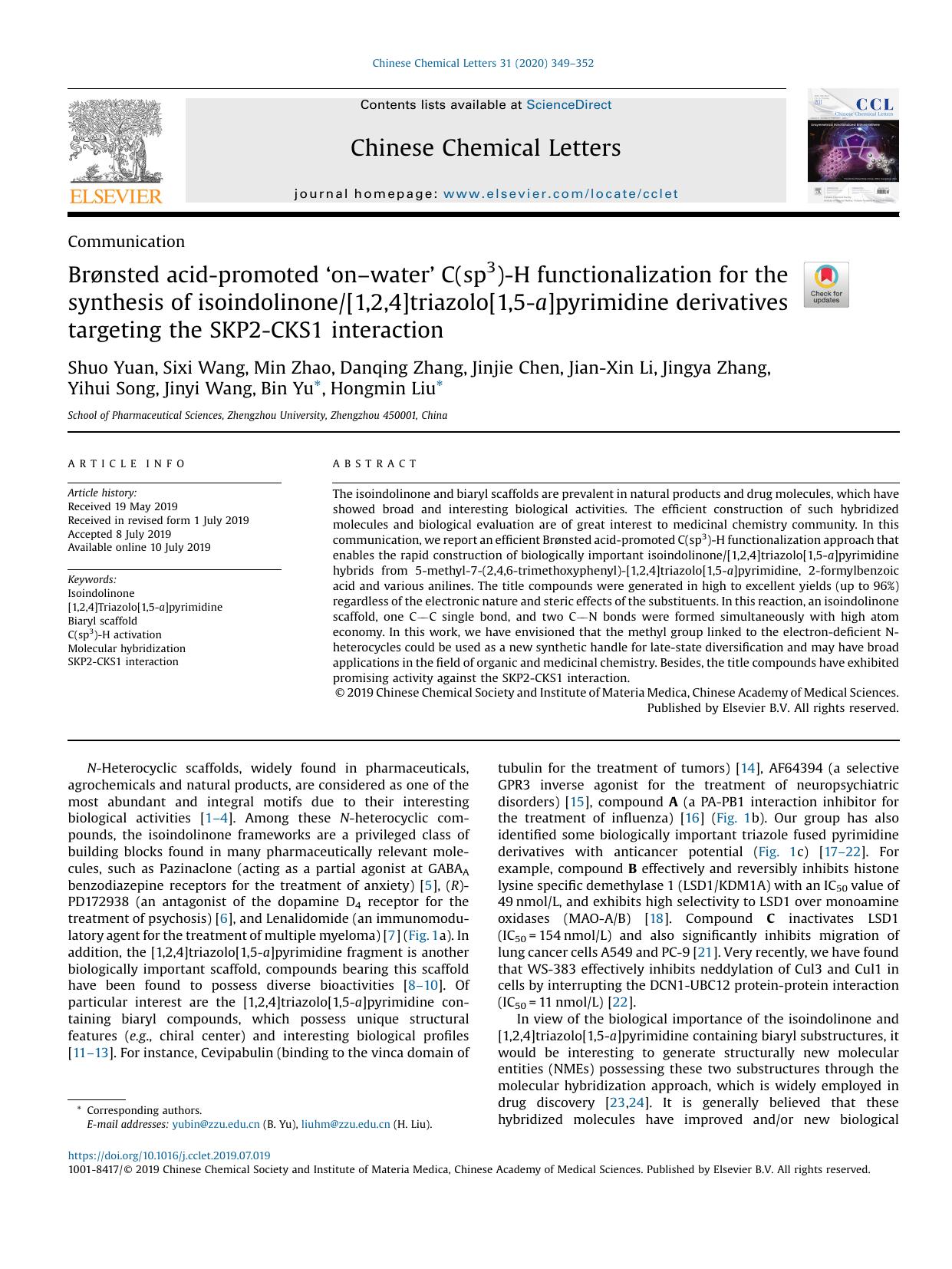 Brnsted acid-promoted onwater C(sp3)-H functionalization for the synthesis of isoindolinone[1,2,4]triazolo[1,5-a]pyrimidine derivatives targeting the SKP2-CKS1 interaction by unknow