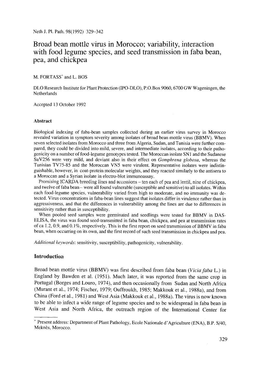 Broad bean mottle virus in Morocco; variability, interaction with food legume species, and seed transmission in faba bean, pea, and chickpea by Unknown