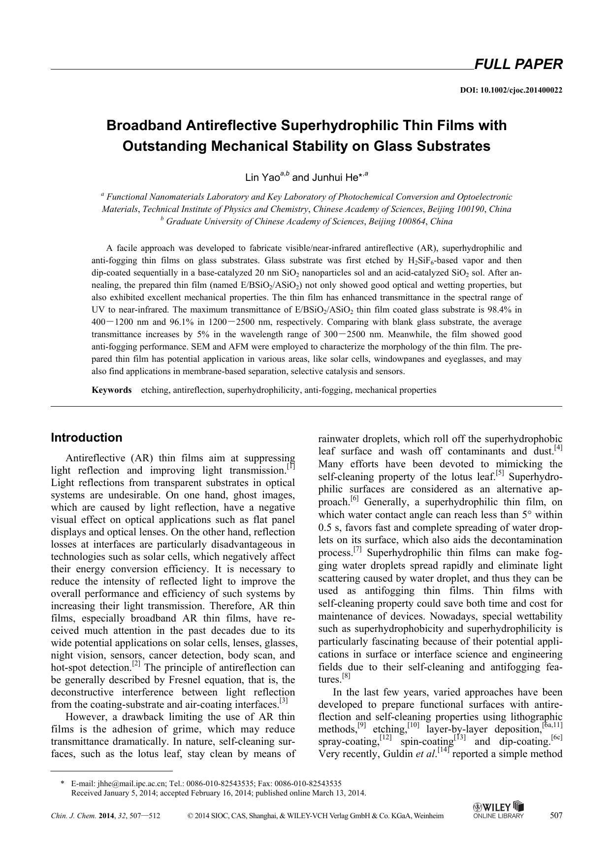 Broadband Antireflective Superhydrophilic Thin Films with Outstanding Mechanical Stability on Glass Substrates by kxk1