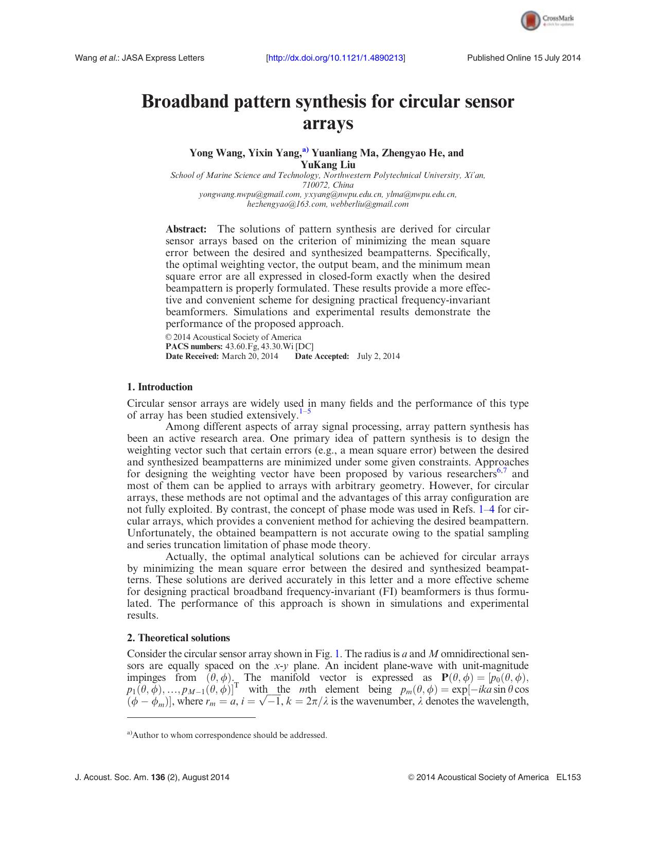 Broadband pattern synthesis for circular sensor arrays by Yong Wang & Yixin Yang & Yuanliang Ma & Zhengyao He & YuKang Liu