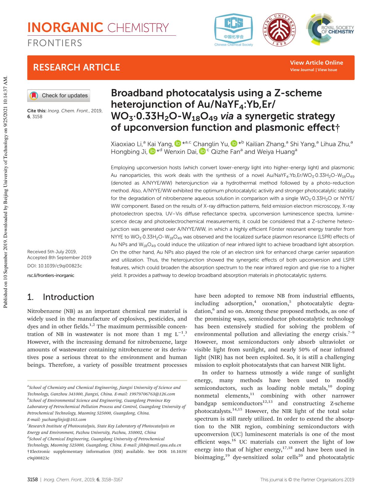 Broadband photocatalysis using a Z-scheme heterojunction of AuNaYF4:Yb,ErWO3Â·0.33H2O-W18O49 via a synergetic strategy of upconversion function and plasmonic effect by unknow