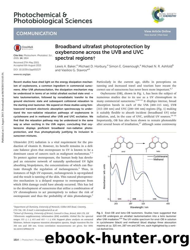Broadband ultrafast photoprotection by oxybenzone across the UVB and UVC spectral regions by Lewis A. Baker Michael D. Horbury Simon E. Greenough Michael N. R. Ashfold Vasilios G. Stavros