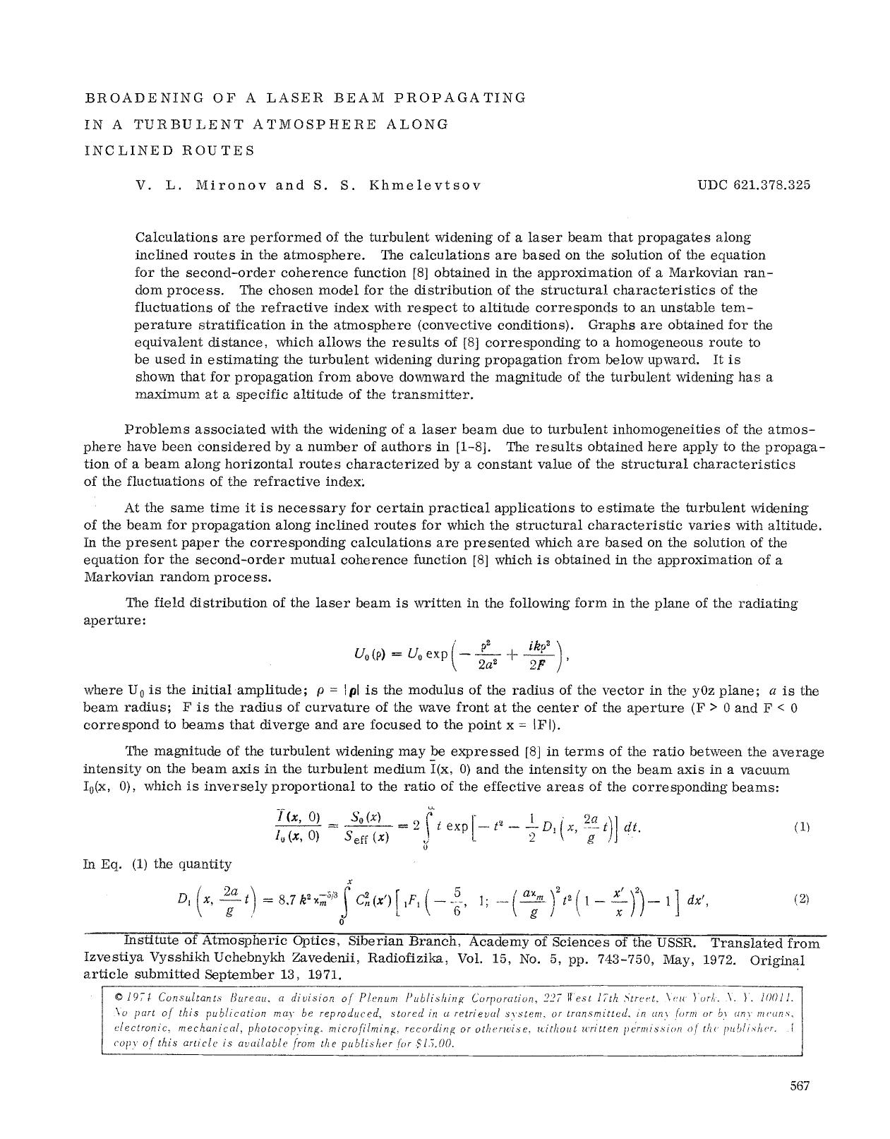 Broadening of a laser beam propagating in a turbulent atmosphere along inclined routes by Unknown
