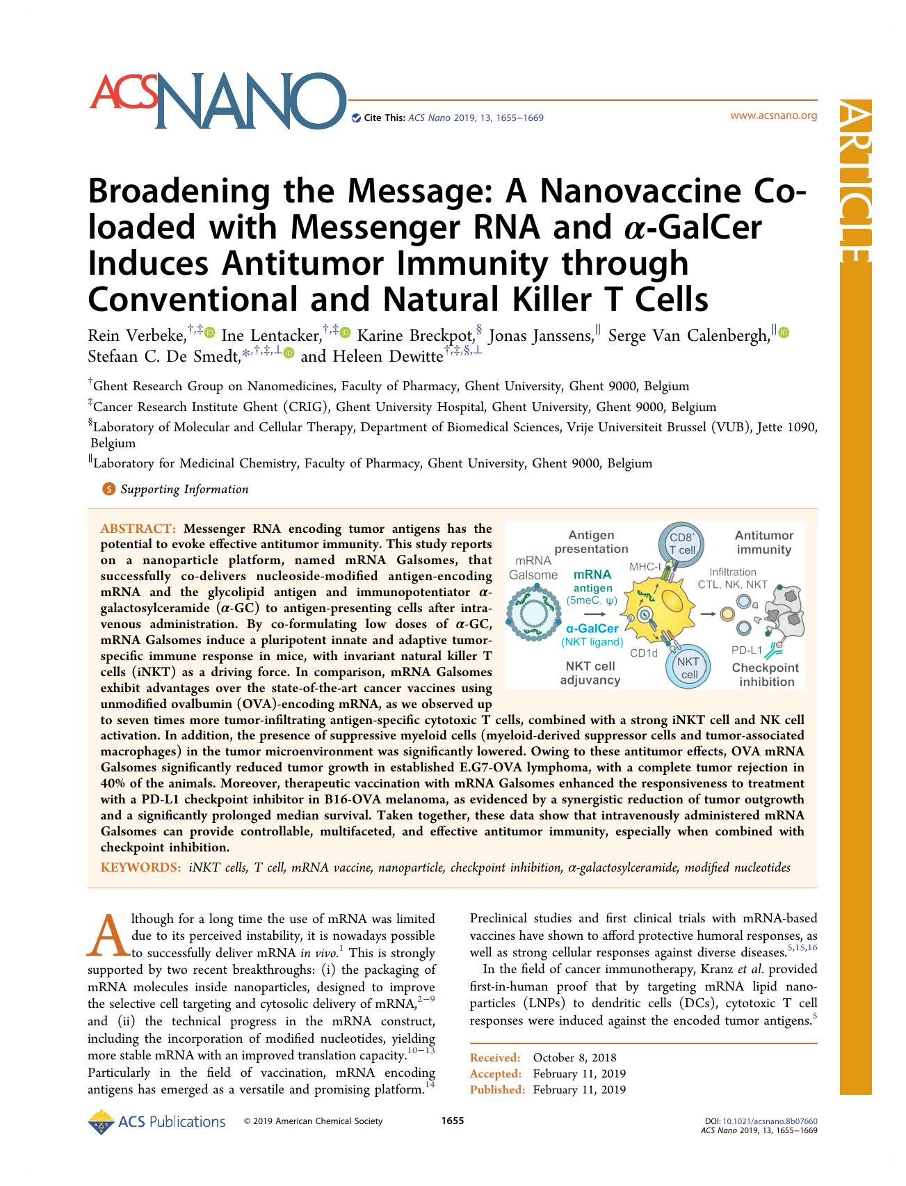 Broadening the Message: A Nanovaccine Co-loaded with Messenger RNA and Î±-GalCer Induces Antitumor Immunity through Conventional and Natural Killer T Cells by unknow