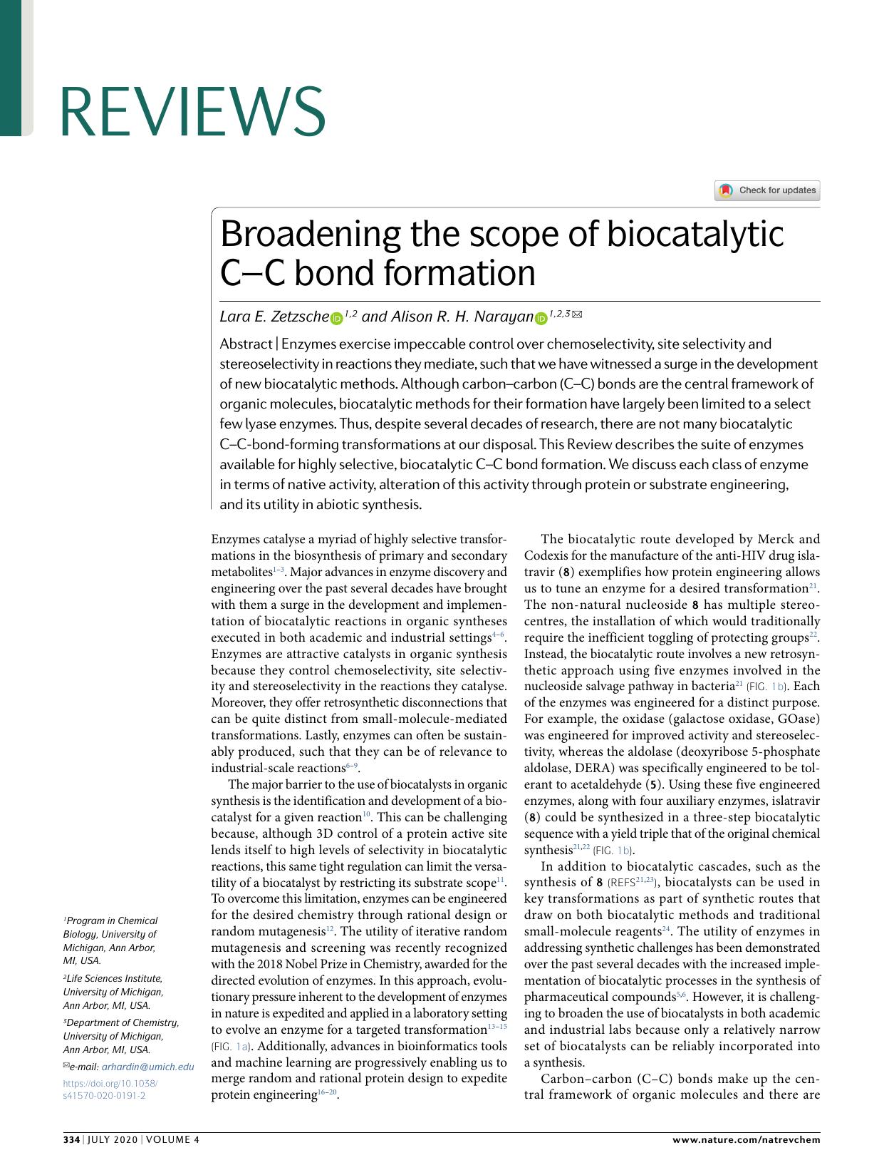 Broadening the scope of biocatalytic CâC bond formation by Lara E. Zetzsche & Alison R. H. Narayan