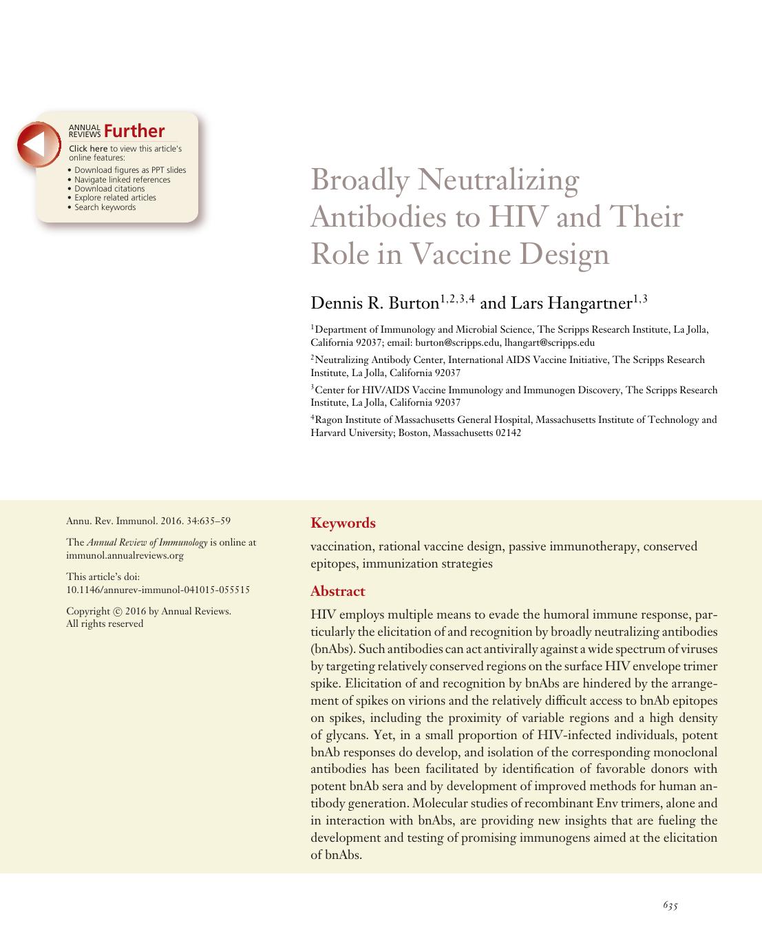 Broadly Neutralizing Antibodies to HIV and Their Role in Vaccine Design by Dennis R. Burton and Lars Hangartner