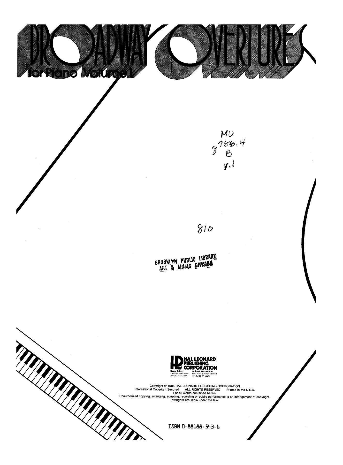 Broadway Overtures For Piano Vol1 by Hal Leonard Corp