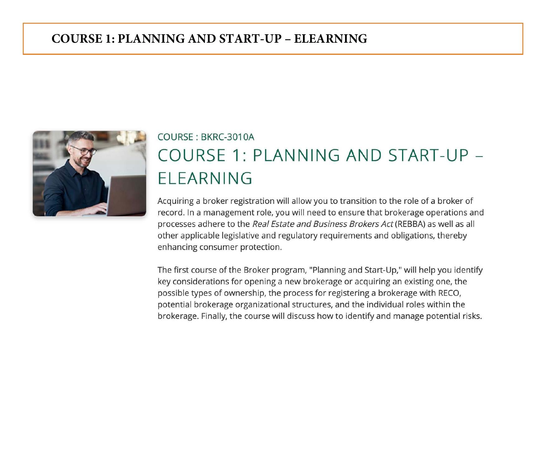 Broker - COURSE 1 - PLANNING AND START-UP â ELEARNING by Real Estate Council of Ontario (RECO)