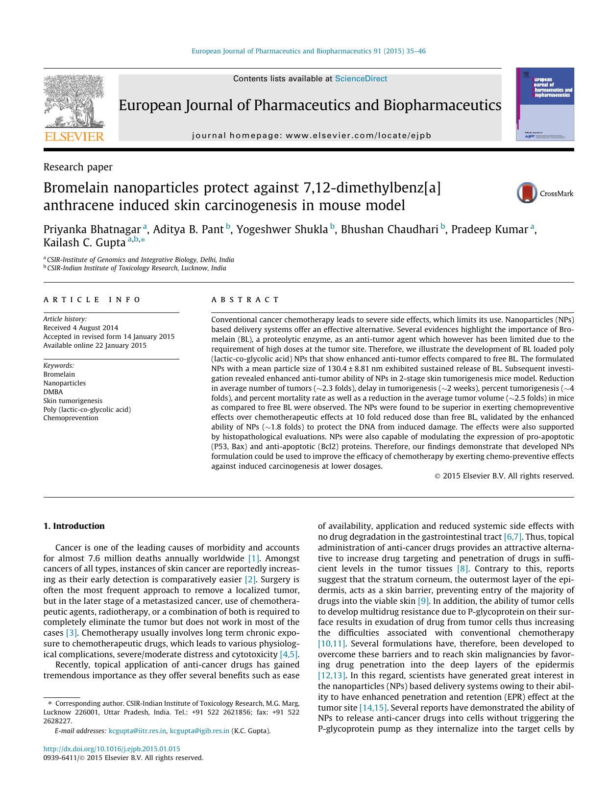 Bromelain nanoparticles protect against 7,12-dimethylbenz[a]anthracene induced skin carcinogenesis in mouse model by unknow