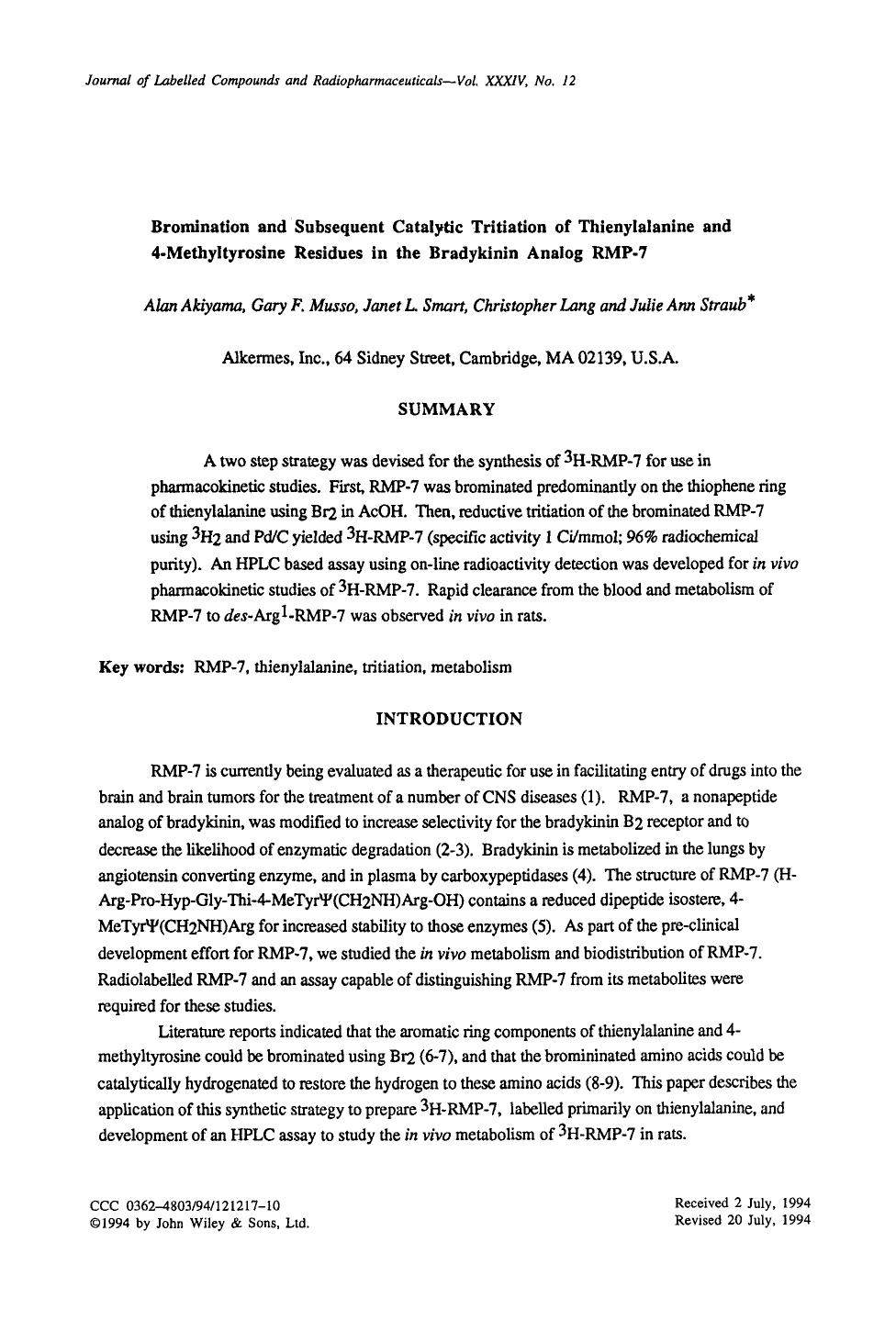 Bromination and subsequent catalytic tritiation of thienylalanine and 4-methyltyrosine residues in the bradykinin analog RMP-7 by Unknown