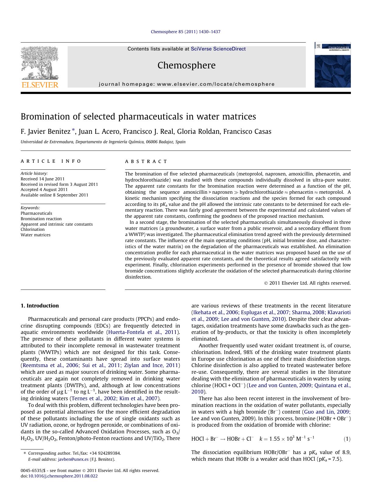 Bromination of selected pharmaceuticals in water matrices by F. Javier Benitez & Juan L. Acero & Francisco J. Real & Gloria Roldan & Francisco Casas