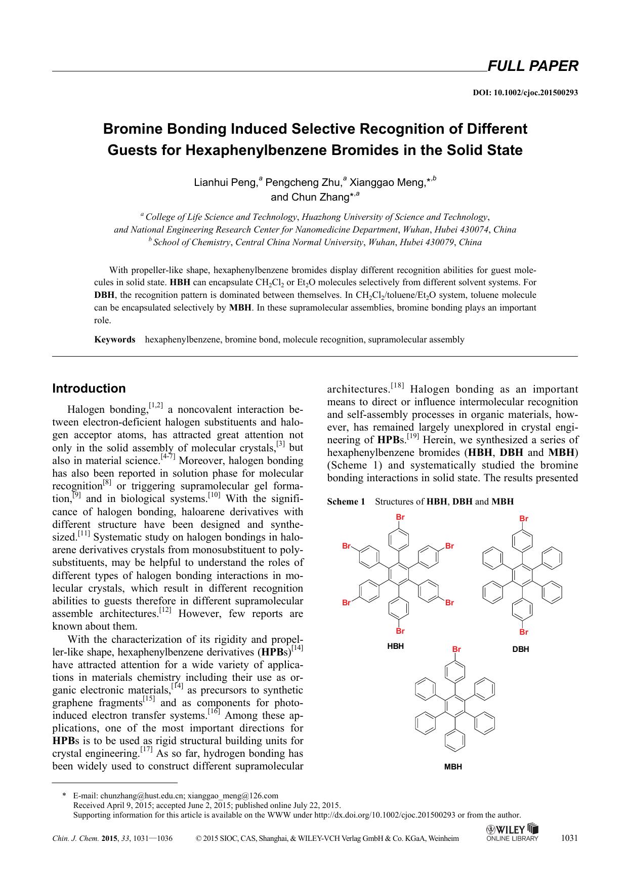 Bromine Bonding Induced Selective Recognition of Different Guests for Hexaphenylbenzene Bromides in the Solid State by kxk1