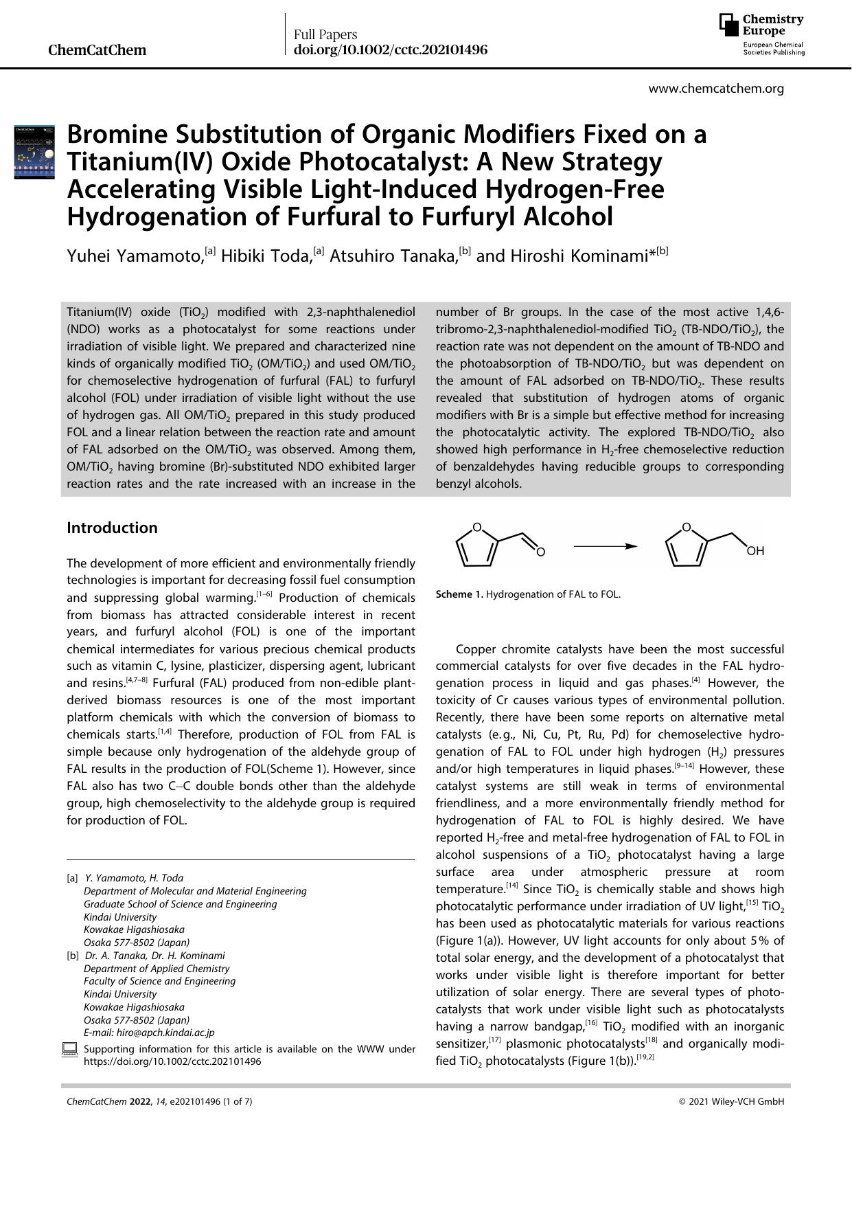 Bromine Substitution of Organic Modifiers Fixed on a Titanium(IV) Oxide Photocatalyst: A New Strategy Accelerating Visible LightâInduced HydrogenâFree Hydrogenation of Furfural to Furfuryl Alcohol by Unknown